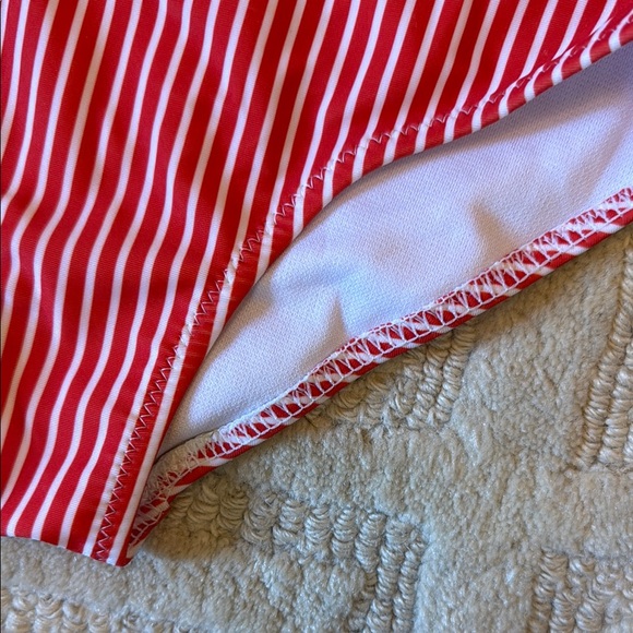 Red and White Striped Swimsuit with Pom Pom Trim - Picture 5 of 5